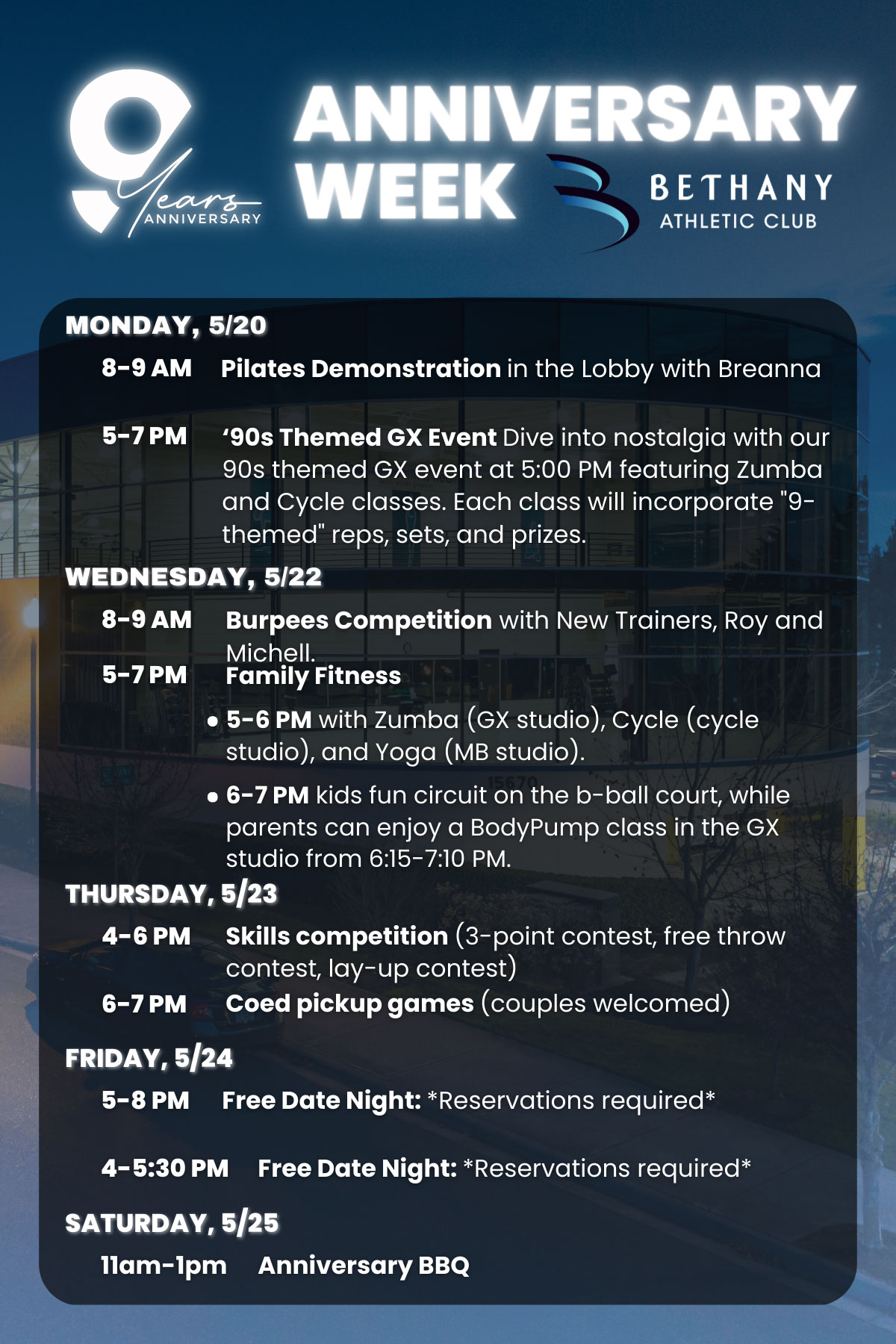 Anniversary week events and promotions 2024 at Bethany Athletic Club