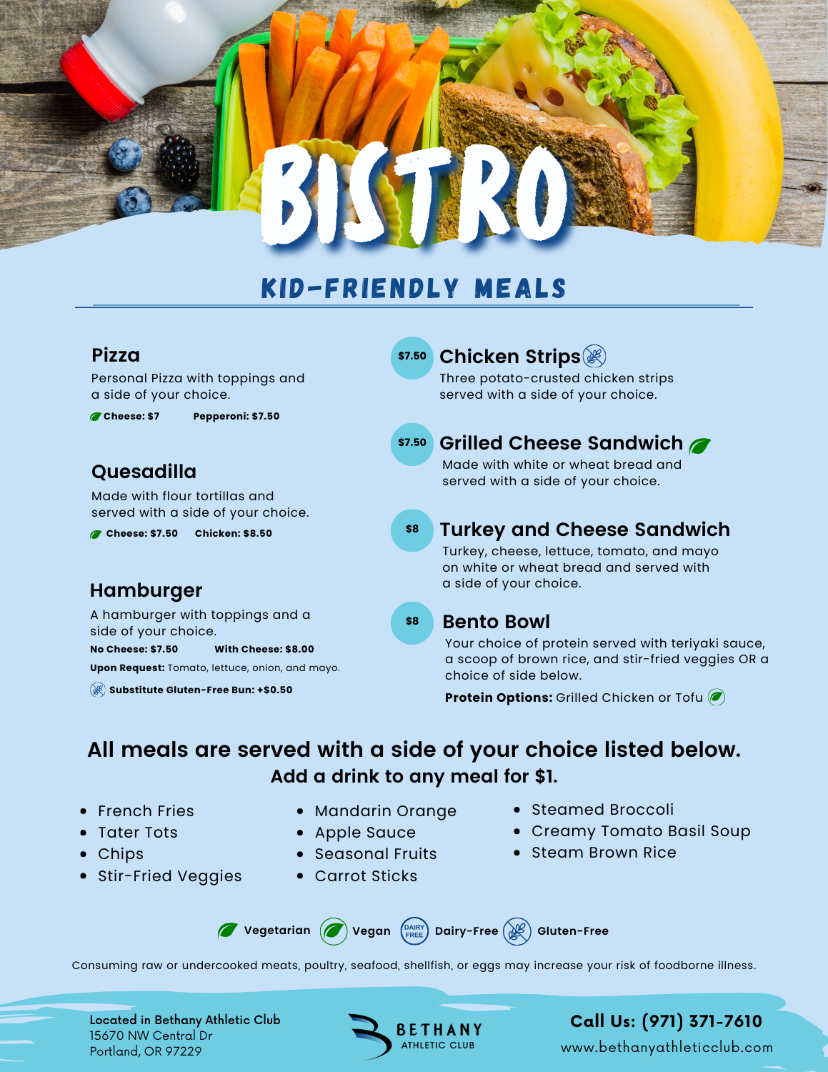 Kids Menu at Bethany Athletic Club