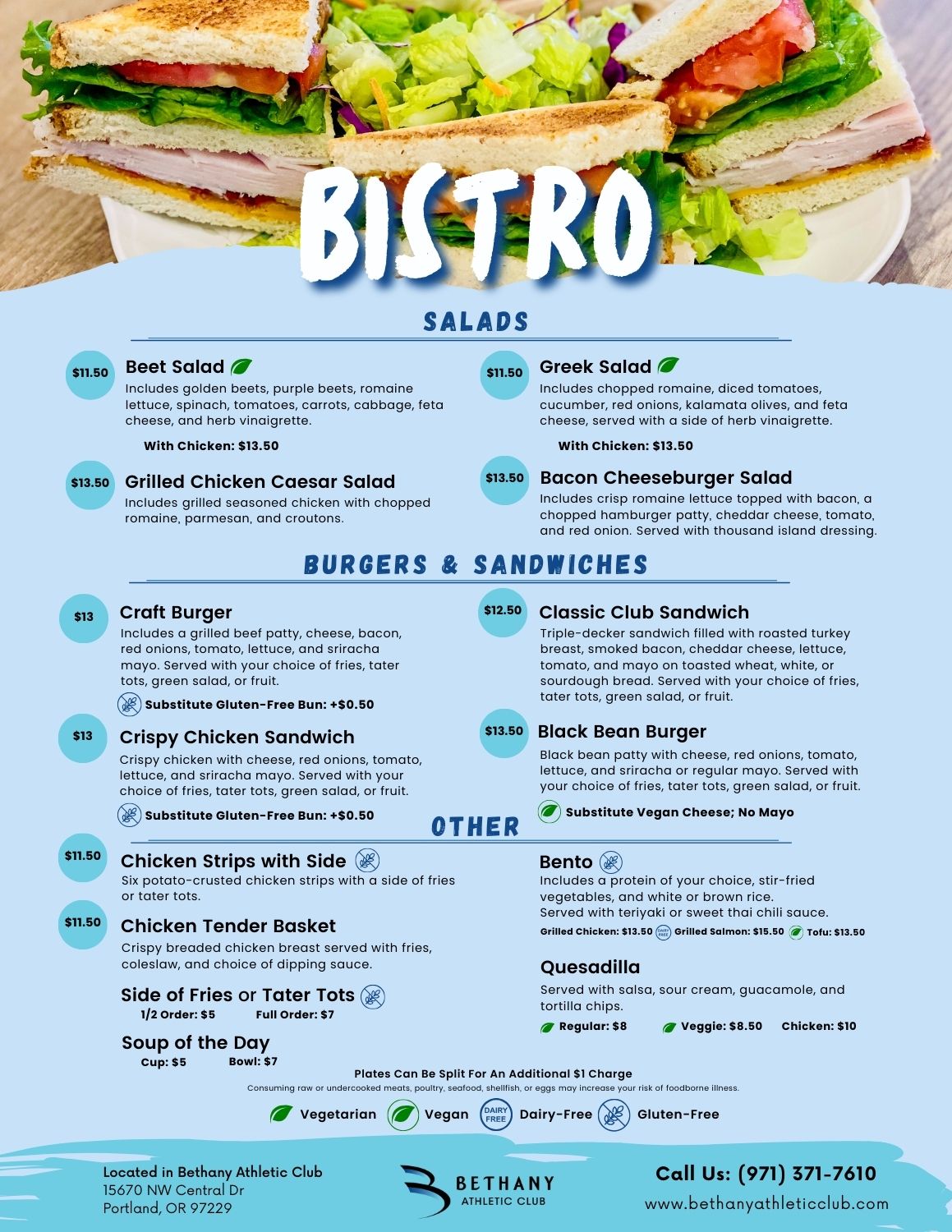 Lunch and Dinner Menu at Bethany Athletic Club in Portland Oregon