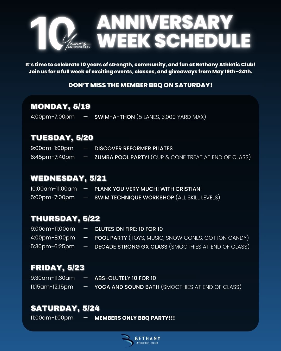 10 Year Anniversary Schedule at Bethany Athletic Club in Portland Oregon